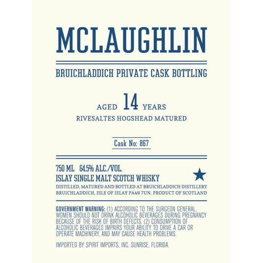 Mclaughlin Bruichladdich Private Cask No. 867 - Main Street Liquor