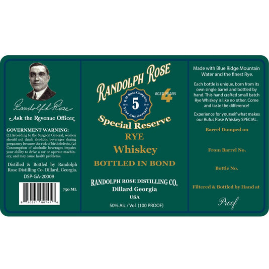 Randolph Rose Special Reserve Bottled in Bond Rye - Main Street Liquor