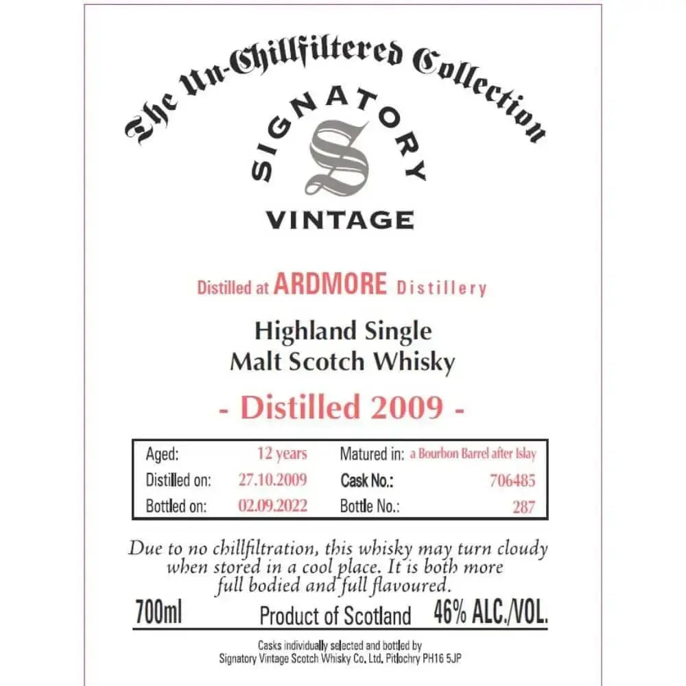 Signatory The Un - Chillfiltered Collection 12 Year Old Ardmore 2009 - Main Street Liquor