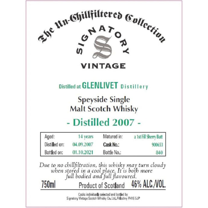 Signatory Vintage 2007 Glenlivet 14 Year Old - Main Street Liquor