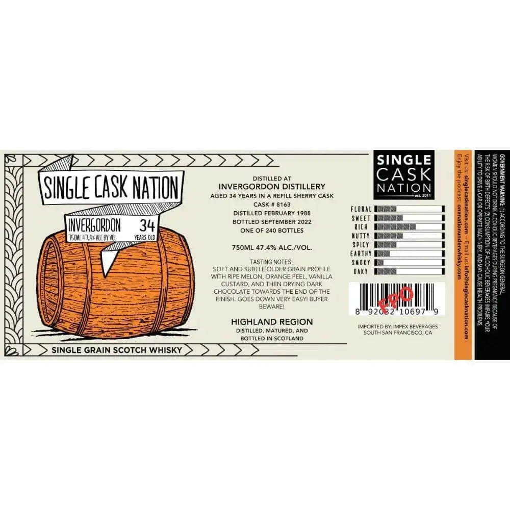 Single Cask Nation 34 Year Old Invergordon 1988 Cask 8163 - Main Street Liquor