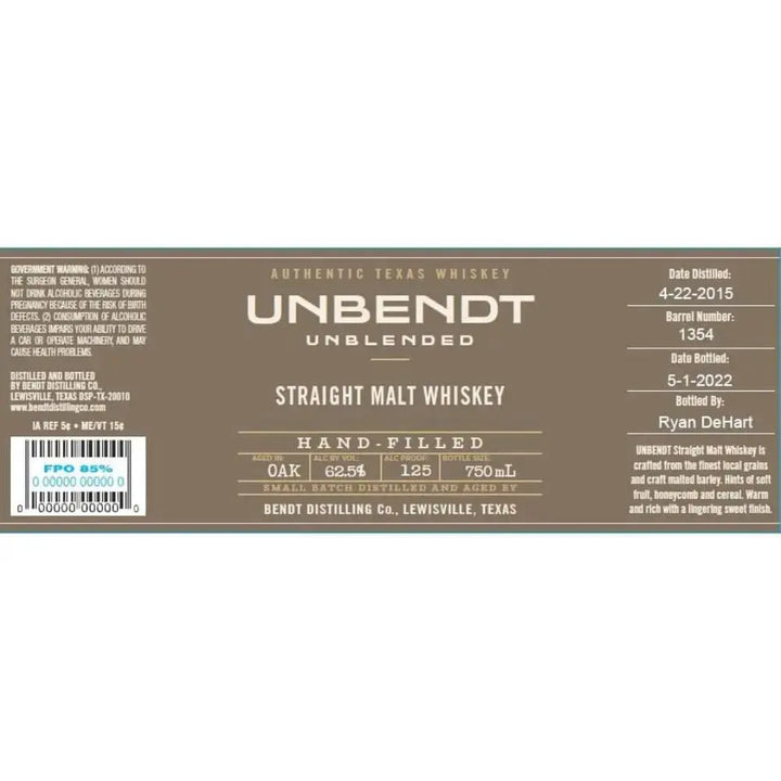 UNBendt Straight Malt Whiskey Bottled - in - Bond - Main Street Liquor