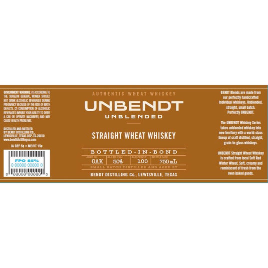 UNBendt Straight Wheat Whiskey Bottled-in-Bond - Main Street Liquor